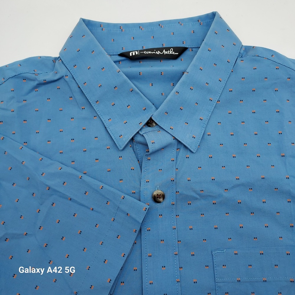 Travis Mathew Mens Blue Geometric Print Short Sleeve‎ Button Down Shirt Medium